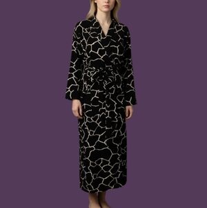 Vtg GJG SOFTLY Black & White Pattern House Coat Swim Cover-up Kimono Robe Dress